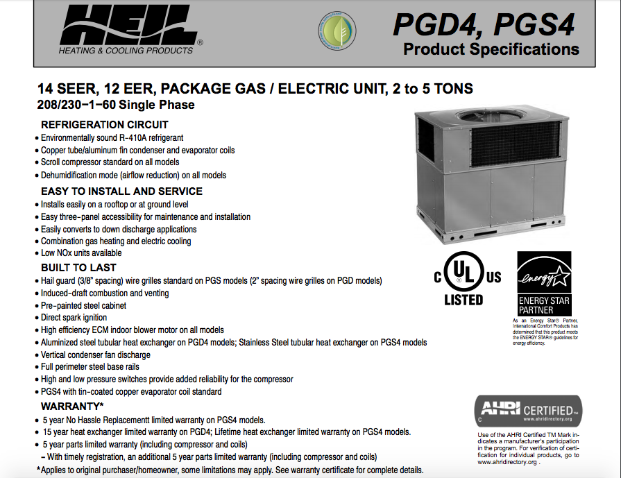 ICP HEIL TEMPSTAR TON PACKAGED UNIT 14 SEER 230V 1-PHASE GAS HEATER AC PGD4