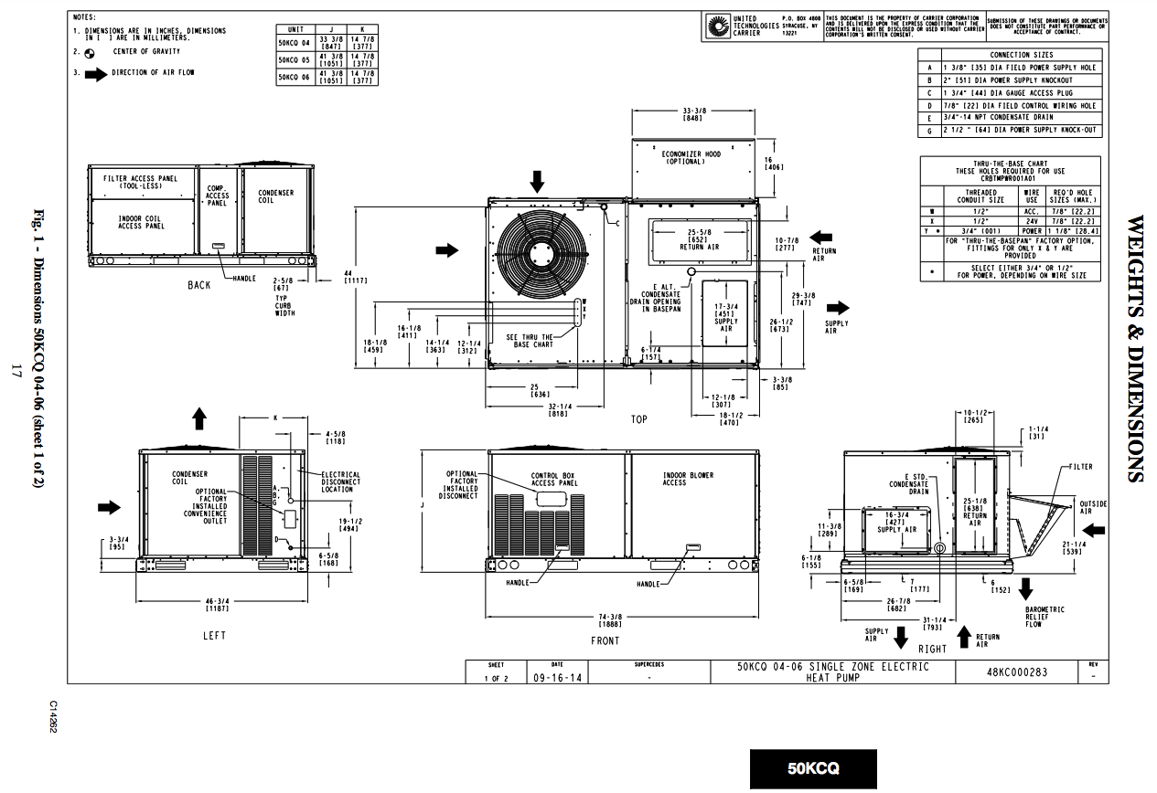 CARRIER TON RTU PACKAGED UNIT 208/230V 1-PH HEAT PUMP 50KCQA06A0A30A0A0